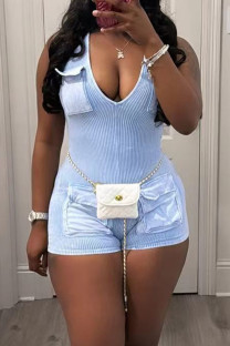 Sky Blue Sexy Solid Color Pocket Patchwork V Neck Skinny Rompers
