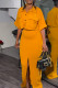 Orange Casual Solid Color Pocket Slit Turndown Collar Half Sleeve Two Pieces
