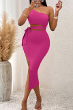 Rose Red Sexy Solid Color Hollow Out Backless High Slit Strap Design Patchwork Oblique Collar Long Dresses