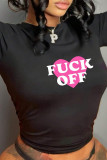 Black Sexy Letters Patchwork O Neck T-Shirts