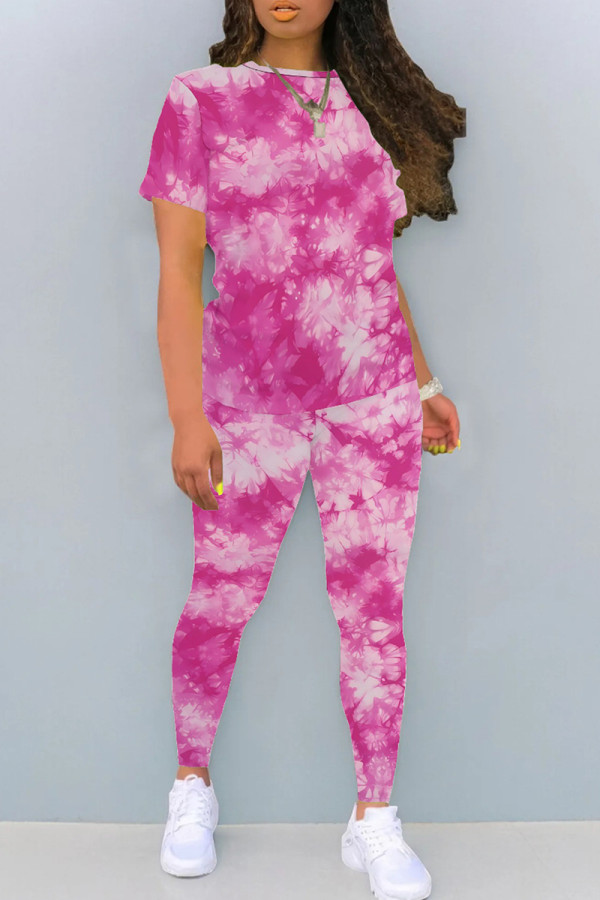 Fuchsia Casual Print Patchwork O Neck Short Sleeve Two Pieces