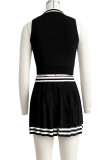 Black Daily Buckle Pleated Patchwork Turndown Collar Sleeveless Two Pieces