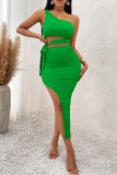 Rose Red Sexy Solid Color Hollow Out Backless High Slit Strap Design Patchwork Oblique Collar Long Dresses