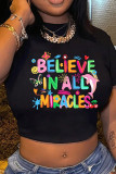 Black Sexy Letters Patchwork O Neck T-Shirts