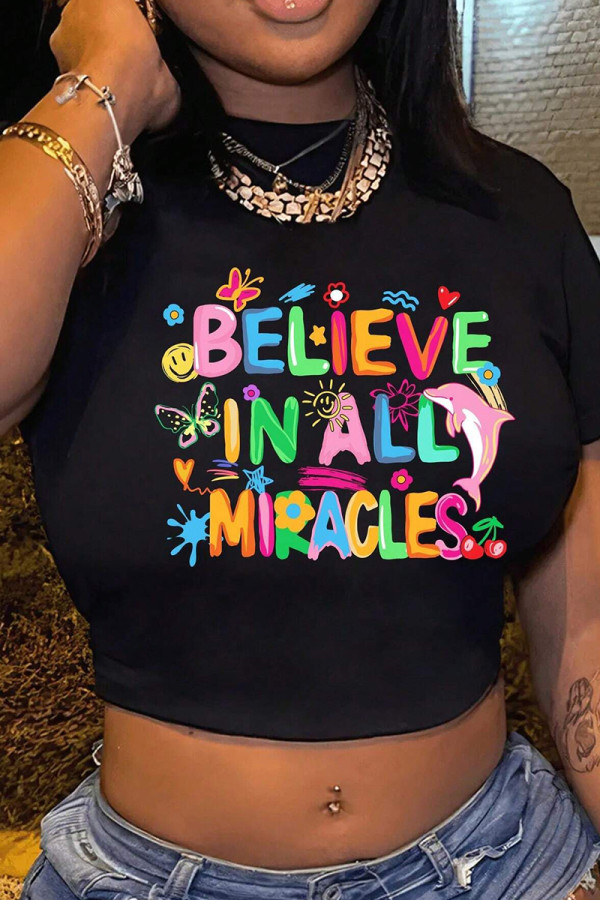 Black Sexy Letters Patchwork O Neck T-Shirts