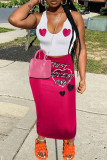 Rose Red Sexy Print Backless Patchwork U Neck Sleeveless Two Pieces