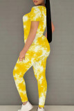 Green Yellow Casual Print Patchwork O Neck Short Sleeve Two Pieces