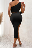 Rose Red Sexy Solid Color Hollow Out Backless High Slit Strap Design Patchwork Oblique Collar Long Dresses