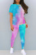 Blue Pink Casual Patchwork O Neck Short Sleeve Two Pieces