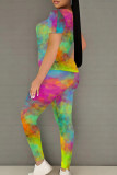 Green Yellow Casual Print Patchwork O Neck Short Sleeve Two Pieces