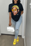 Black Casual Street Figure Print O Neck T-Shirts