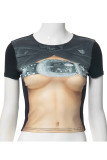Black Sexy Print Patchwork O Neck T-Shirts