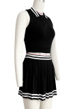 Black Daily Buckle Pleated Patchwork Turndown Collar Sleeveless Two Pieces
