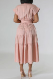 Pink Celebrities Solid Color Pocket Buckle Strap Design Patchwork Turndown Collar A Line Dresses