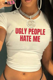 White Sexy Letters Patchwork O Neck T-Shirts