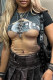 Black Sexy Print Patchwork O Neck T-Shirts