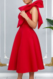 Green Celebrities Solid Color Bow Decor Patchwork Oblique Collar A Line Dresses