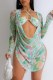 Light Green Sexy Print Slit Belted Swimsuit Three Piece Set