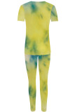 Green Yellow Casual Print Patchwork O Neck Short Sleeve Two Pieces