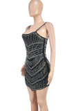 Black Sexy Backless Hot Drill Patchwork Spaghetti Strap Sling Dresses