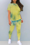Green Yellow Casual Print Patchwork O Neck Short Sleeve Two Pieces