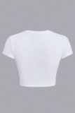 White Sexy Letters Patchwork O Neck T-Shirts