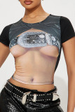 Black Sexy Print Patchwork O Neck T-Shirts