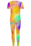 Green Yellow Casual Print Patchwork O Neck Short Sleeve Two Pieces