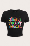 Black Sexy Letters Patchwork O Neck T-Shirts