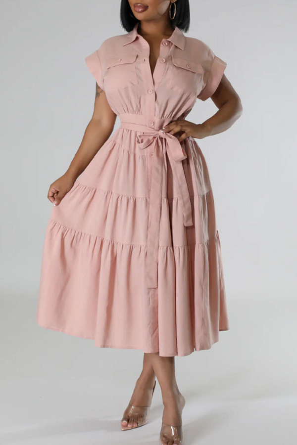 Pink Celebrities Solid Color Pocket Buckle Strap Design Patchwork Turndown Collar A Line Dresses