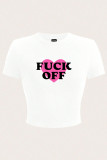 White Casual Letters Patchwork O Neck T-Shirts