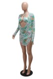 Light Green Sexy Print Slit Belted Swimsuit Three Piece Set