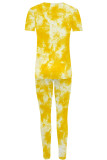Green Yellow Casual Print Patchwork O Neck Short Sleeve Two Pieces