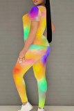 Green Yellow Casual Print Patchwork O Neck Short Sleeve Two Pieces