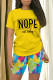 Yellow Casual Gradient Print Letter Print Contrast O Neck Short Sleeve Two Pieces