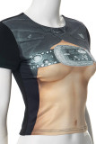 Black Sexy Print Patchwork O Neck T-Shirts