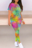 Green Yellow Casual Print Patchwork O Neck Short Sleeve Two Pieces
