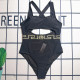 Black Sportswear Print Backless Patchwork Swimwears