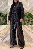 Black Casual Solid Color Sequins Patchwork Turndown Collar Long Sleeve Two Pieces