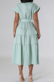 Pink Celebrities Solid Color Pocket Buckle Strap Design Patchwork Turndown Collar A Line Dresses