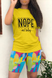 Yellow Casual Gradient Print Letter Print Contrast O Neck Short Sleeve Two Pieces