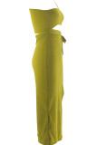 Rose Red Sexy Solid Color Hollow Out Backless High Slit Strap Design Patchwork Oblique Collar Long Dresses
