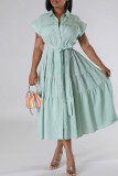 Pink Celebrities Solid Color Pocket Buckle Strap Design Patchwork Turndown Collar A Line Dresses