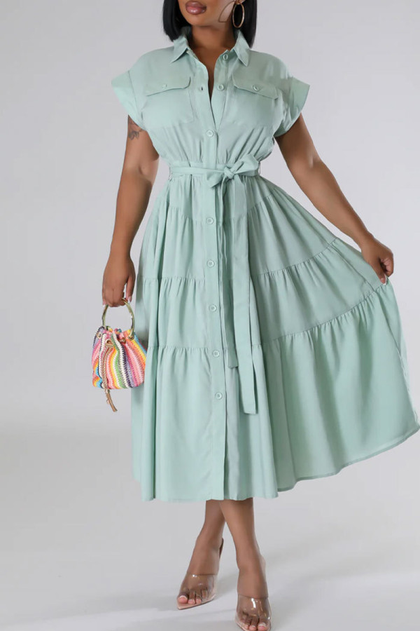 Green Celebrities Solid Color Pocket Buckle Strap Design Patchwork Turndown Collar A Line Dresses