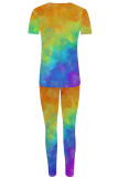 Green Yellow Casual Print Patchwork O Neck Short Sleeve Two Pieces