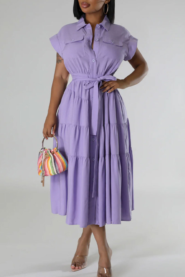 Purple Celebrities Solid Color Pocket Buckle Strap Design Patchwork Turndown Collar A Line Dresses