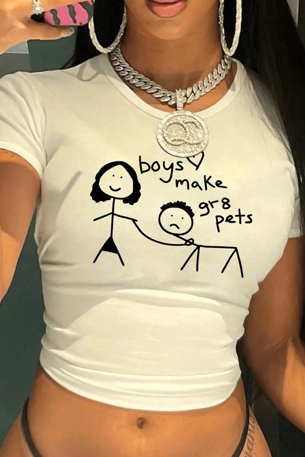 White Sexy Print Patchwork O Neck T-Shirts
