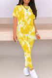 Green Yellow Casual Print Patchwork O Neck Short Sleeve Two Pieces