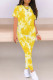Fluorescent Yellow Casual Print Patchwork O Neck Short Sleeve Two Pieces