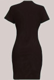 Black Sexy Print Patchwork O Neck Wrapped Skirt Dresses